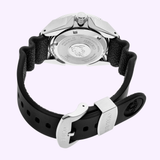 A close-up of the back of a Seiko Watches Prospex Automatic Diver SRPE37, featuring a black rubber strap with a stainless steel clasp and showcasing the engraved caseback and Seiko Watches brand details.