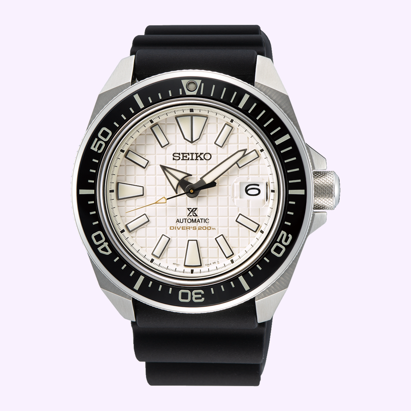 Seiko Prospex Automatic Diver SRPE37 King Samurai with white textured dial and black ceramic bezel