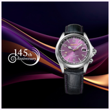 A Seiko Watches Prospex HBC006 145th Anniversary Limited Edition watch with a purple dial and black leather strap is displayed against a swirling purple background, with the “145th Anniversary Limited Edition” text on the left side.