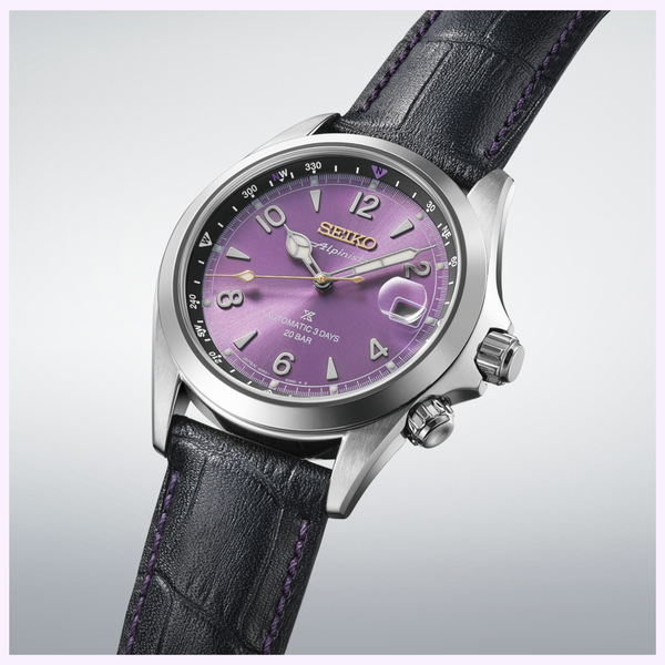 Seiko Prospex HBC006 145th Anniversary Limited Edition purple dial with silver casing and black leather strap with purple stitching