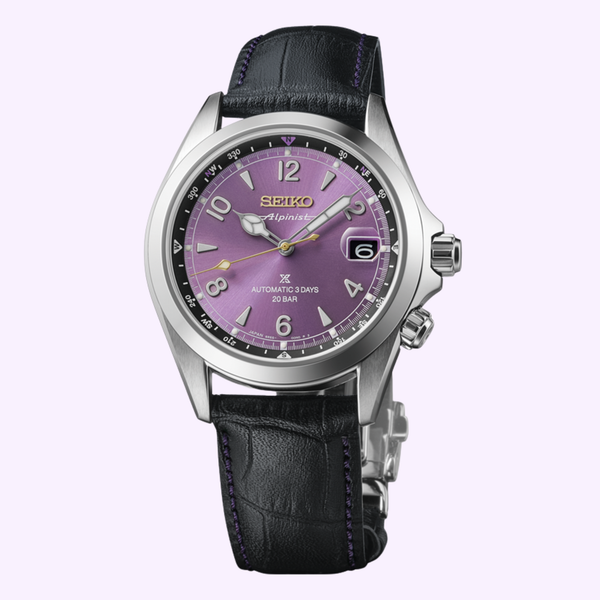 Seiko Prospex HBC006 145th Anniversary Limited Edition Alpinist watch with purple dial and silver hour markers on light purple background