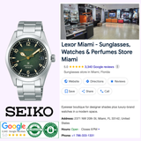 A Seiko Watches Prospex Land SPB155 Men is displayed beside a Google search result for Lexor Miami, a store in Miami selling sunglasses, watches, and perfumes. Seiko Watches, Google reviews, and Authentic certification logos are at the bottom.