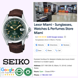 A Seiko Watches Prospex Alpinist SS Automatic Green Dial SPB121 men’s watch with a brown leather strap appears next to search results for Lexor Miami, a five-star rated store offering sunglasses, watches, and perfumes.