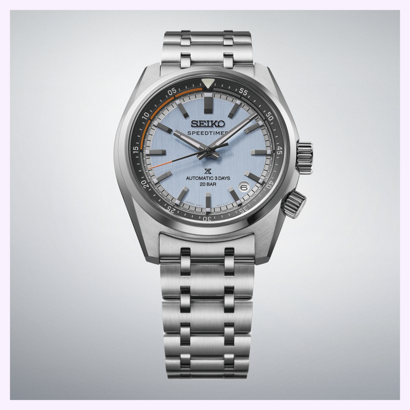 Seiko HBC003 Light Blue Dial Seiko Prospex Speedtimer HBC003 light blue vertically brushed dial with silver-tone applied markers and steel link bracelet