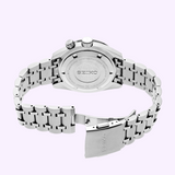 The silver metal case back of a Seiko Watches Prospex Speedtimer HBC003, showing engraved text and a deployment clasp with a logo.