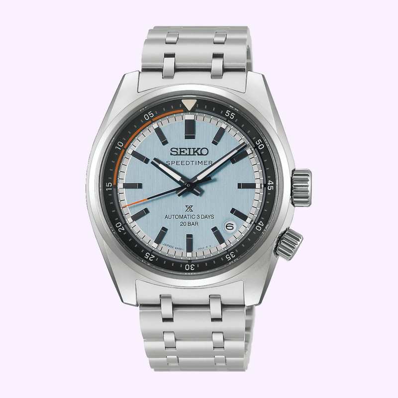 Seiko Prospex Speedtimer HBC003 light blue dial with orange accents and steel bracelet