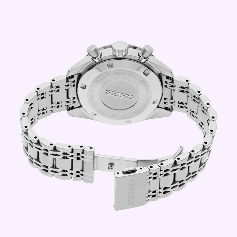 Seiko HBD001 Case Back and Clasp Back view of the Seiko Prospex Speedtimer HBD001 showing the screw case back, stainless steel bracelet and three-fold push-button clasp