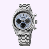 Seiko Watches Prospex Speedtimer HBD001 chronograph watch featuring a light blue textured dial, three black subdials, and a silver metal link bracelet.