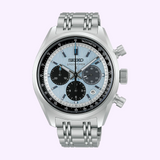 Silver-tone Seiko Prospex Speedtimer HBD001 chronograph watch with a textured light blue dial, three black subdials, and a black tachymeter bezel.