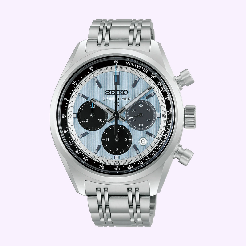 Seiko Prospex Speedtimer HBD001 mechanical chronograph with sky-blue dial and steel bracelet