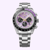 The Seiko Watches Prospex Speedtimer HBJ005 145th Anniversary Limited Edition is a chronograph watch featuring a vibrant Edo Purple dial, three black subdials, yellow and black hands, date display, and a black tachymeter bezel—all set against a light purple background.