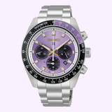 Introducing the Seiko Watches Prospex Speedtimer HBJ005 145th Anniversary Limited Edition: this exclusive chronograph from Seiko Watches showcases a captivating Edo Purple dial, three subdials, elegant gold accents, a black tachymeter bezel, dual side pushers, and a robust metal bracelet.