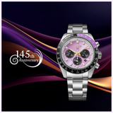 A Seiko Watches Prospex Speedtimer HBJ005 145th Anniversary Limited Edition chronograph, featuring a silver case and an Edo Purple dial, is showcased against a swirling purple and orange background. The text on the left reads “145th Anniversary.”.