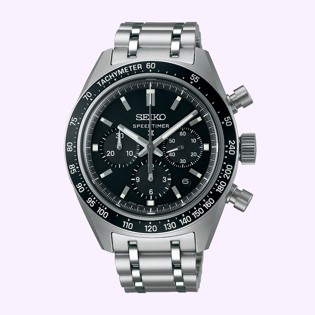 Seiko Prospex Speedtimer SRQ055 automatic chronograph black dial stainless steel bracelet front view