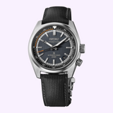 Seiko Watches Prospex Speedtimer Mechanical HBC004 automatic watch in stainless steel, featuring a dark grey textured dial with orange accents and a black patterned leather strap.
