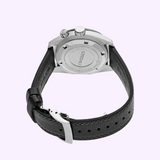 Back view of a Seiko Watches Prospex Speedtimer Mechanical HBC004 with a stainless steel case and a textured black leather strap with a deployment clasp.