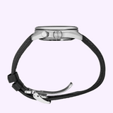 Side view of a Seiko Watches Prospex Speedtimer Mechanical HBC004 chronograph with two pushers, a crown, a black leather strap, and a stainless steel deployment clasp.