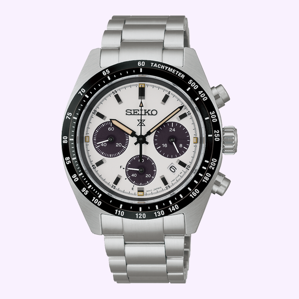 Seiko Prospex Speedtimer SSC961 solar chronograph watch with white panda dial and stainless steel bracelet available at Lexor Miami Authorized Seiko Dealer in Miami