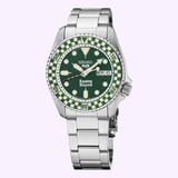 The Seiko Watches 5 Sports X Rowing Blazers SRPM21 Limited Edition features a stainless steel case, a distinctive green and white checkered dial with silver hour markers, a day-date display at 3 o’clock, and Rowing Blazers branding above 6 o’clock—making this striking Rally Diver part of the exclusive Rowing Blazers Limited Edition collection from Seiko Watches.