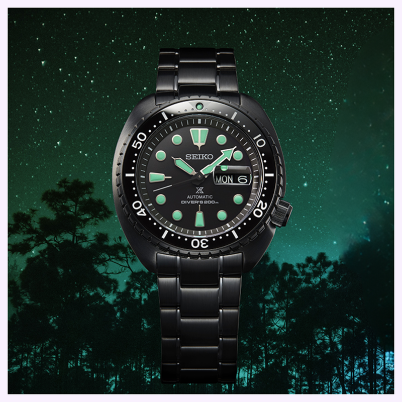 Seiko SRPK43 Black Series front dial view with black hard-coated bracelet