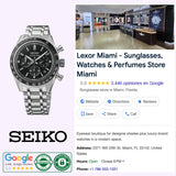 A Seiko Watches Prospex Speedtimer Mechanical Chronograph SRQ055 from Seiko Luxe Watches is displayed beside a Google business listing for Lexor Miami—a store specializing in sunglasses, watches, and perfumes—showing a 5-star rating, address, phone number, and an interior photo of the shop.