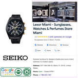 Seiko 100th Anniversary SPEEDTIMER Limited Edition SSH169 chronograph in black with gold accents, presented alongside a store profile for Lexor Miami including address, hours, and contact information.