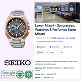 A Seiko King Watches Astron GPS SOLAR SSJ014 by Seiko Luxe Watches sits beside a Google business listing for Lexor Miami, a luxury men’s watch and sunglasses store with 5 stars, address, contact info, and an interior photo.