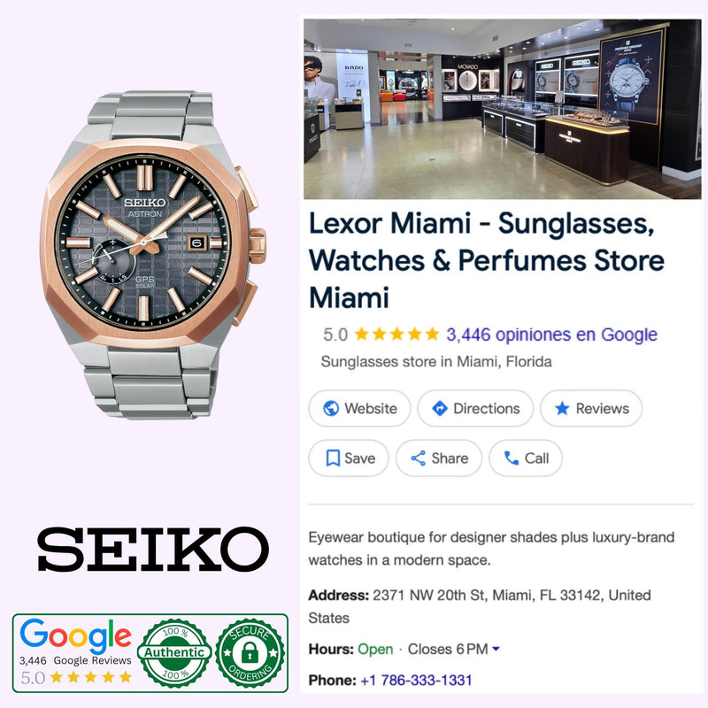 Seiko Astron SSJ014 at Lexor Miami Seiko Astron GPS Solar SSJ014 shown with Lexor Miami's Google business listing, an authorized luxury watch store in Miami