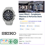 A silver Seiko King Watches Astron HAB002 GPS solar watch with a black dial displayed next to store information for Lexor Miami, including its address, hours, and Google review rating.