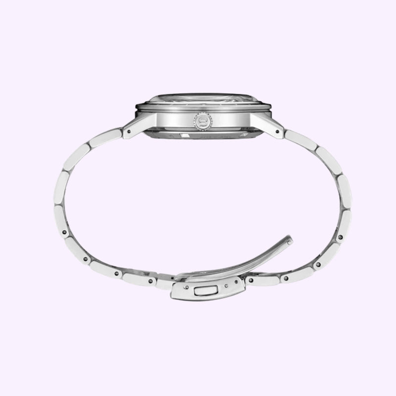 Side view of a silver Seiko Presage Style60's SSK009 wristwatch with an open metal bracelet, highlighting the crown and clasp details