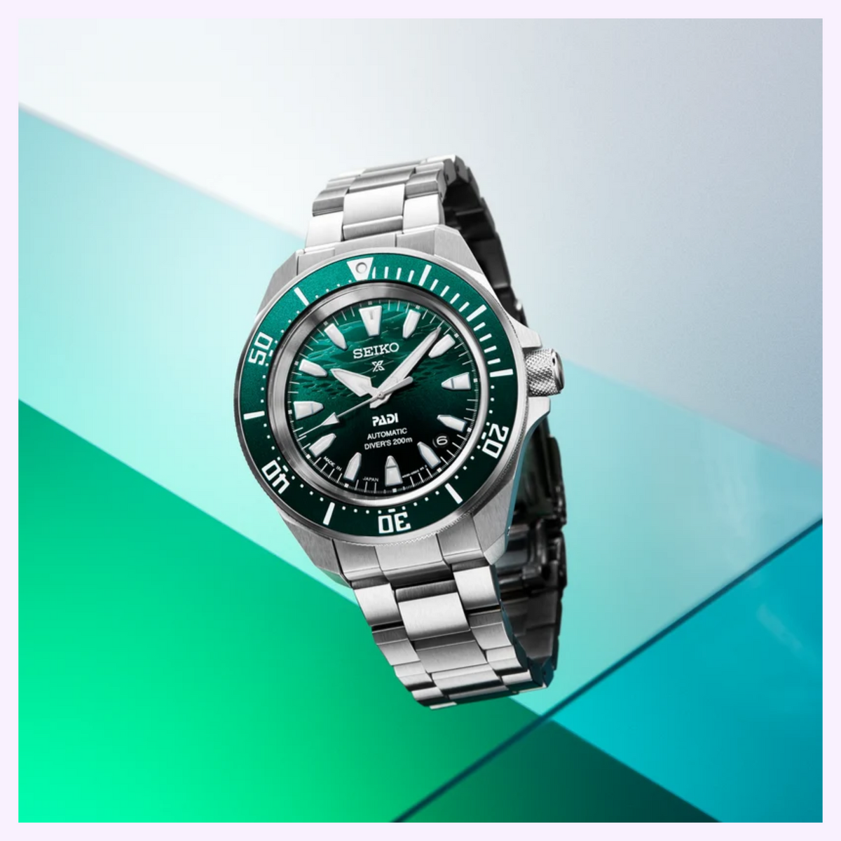 Close-up of the emerald-green textured dial and matching bezel on the Seiko Prospex SRPL53 PADI Special Edition