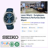 A Seiko Watches Prospex Alpinist GMT SPB377 by Seiko Luxe Watches is displayed beside a Google profile for Lexor Miami, a retailer offering sunglasses, watches, and perfumes. The store features a 5-star rating along with photos showcasing its interior.