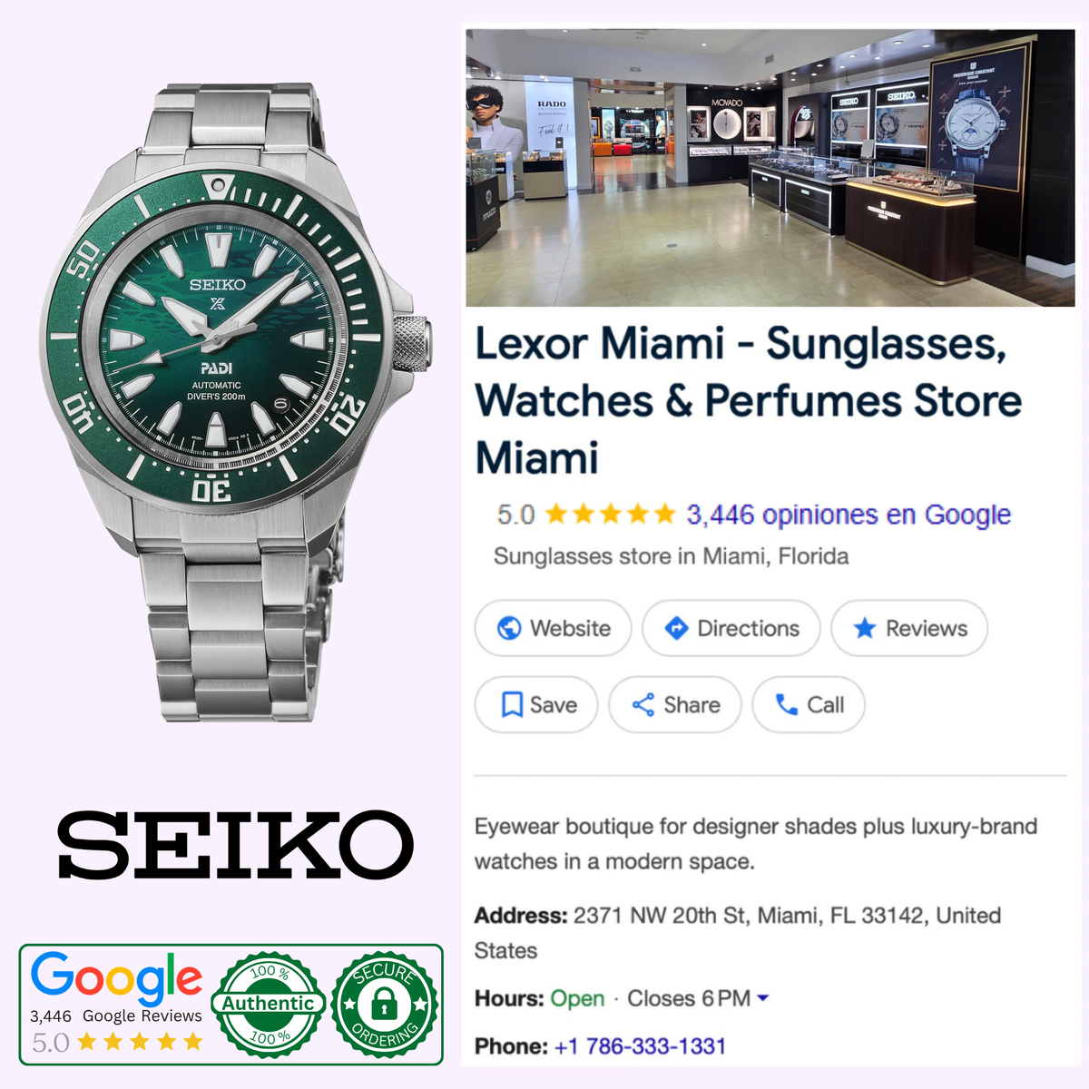 Seiko Prospex PADI SRPL53 green dive watch with stainless steel bracelet featured by Lexor Miami