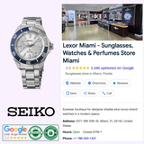 A Seiko Watches Prospex Sea HBB001 Limited Edition watch from Seiko Luxe Watches is displayed alongside a Google listing for Lexor Miami, a retailer specializing in sunglasses and watches, showing store information, customer reviews, and an interior image. This limited edition dive watch boasts an automatic movement and is a standout choice among the offerings at Lexor Miami.