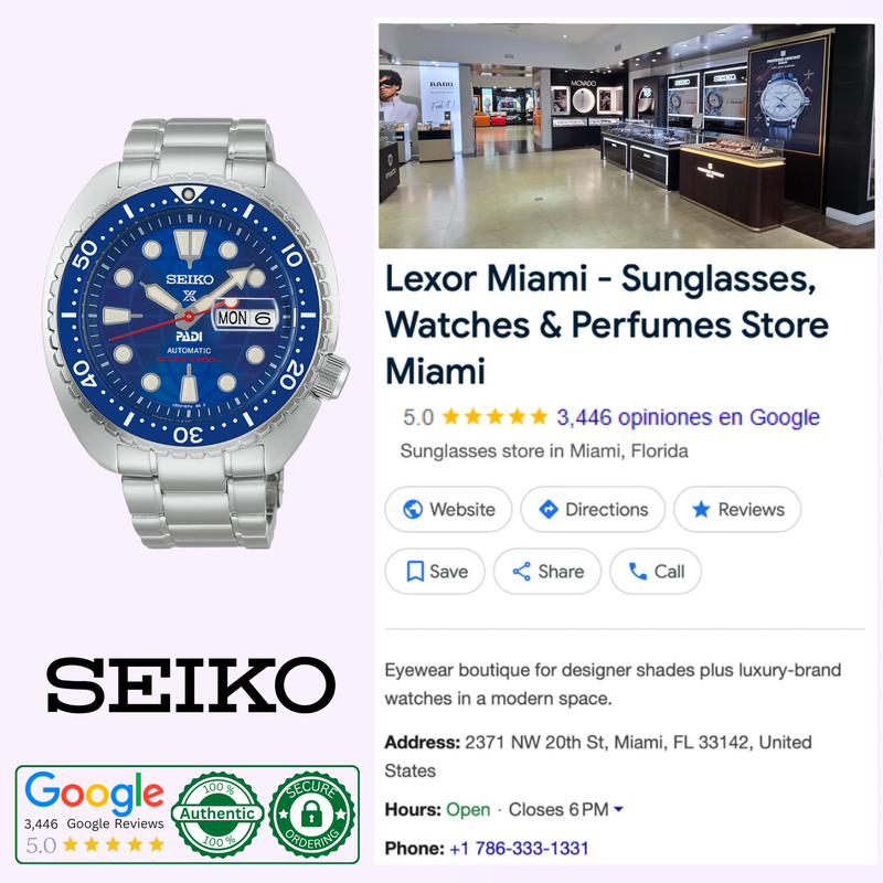 Seiko Prospex HBB002 Limited Edition displayed in the Lexor Miami showroom alongside authorized dealer credentials