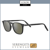 A pair of Serengeti Delio 8947 Unisex Sunglasses by Serengeti Sunglasses with mirrored lenses is shown on a white background. The image features the Lexor Miami and Serengeti Eyewear logos, highlighting these stylish sunglasses.