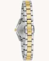 A close-up of the Bulova SURVEYOR 98L329 women’s watch (UPC#042429607460) by Bulova Limited Edition Watches, showing its two-tone stainless steel band with gold and silver links, and the engraved clasp and case logo.