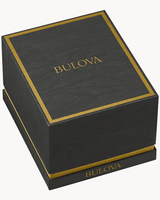 A black rectangular Bulova Limited Edition watch box with gold accents and BULOVA printed on top and side in gold—ideal for gifting the Bulova SURVEYOR 98L329 Women’s Watch (UPC#042429607460) with green sunray dial.