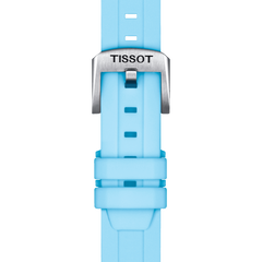 A close-up of the Tissot Straps TISSO STRAP T852047450 blue silicone strap shows a silver buckle with the Tissot logo, adjustment holes, and two loops to secure the end.