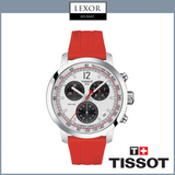 The Tissot T1144171703702 PRC 200 Chronograph Men’s Watch features a white and black dial with red accents and a bold red silicone strap. Displayed on a white background, LEXOR MIAMI and TISSOT logos appear above and below. Brand: Tissot Watches.