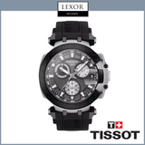 A Tissot Watches T1154172706100 T-Race Chronograph men's watch with a black silicone strap and silver case is shown, featuring a multi-subdial dial and the Tissot logo. Lexor Miami and Tissot branding also appear in the image.