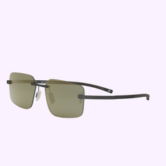 Rectangular, rimless Tag Heuer Optical FLEX TH40027U 5809R sunglasses with dark green lenses and thin black arms shown on a light purple background. 100% authentic, UPC 192337196041, available from an Authorized Dealer in Miami.