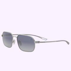 Tag Heuer Optical Sunglasses TH40033U 5517P (UPC 192337232732) feature silver metal frames, rectangular gradient blue lenses, thin arms, and nose pads. Displayed on a light purple background. Available from a Miami Authorized Dealer.
