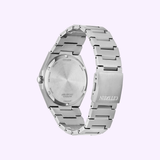 The Citizen Watches Zenshin Three-hand AW0130-85L features a Super Titanium™ case, blue textured dial, silver hour markers, silver metal bracelet, and displays the day and date on the right. back side
