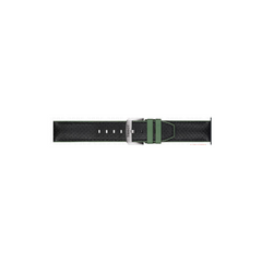 The Tissot T852046787 Leather Strap by Tissot Straps features black textured leather, a silver buckle, and two green loops, shown on a white background. Compatible with the Tissot T852.046.787 watch.