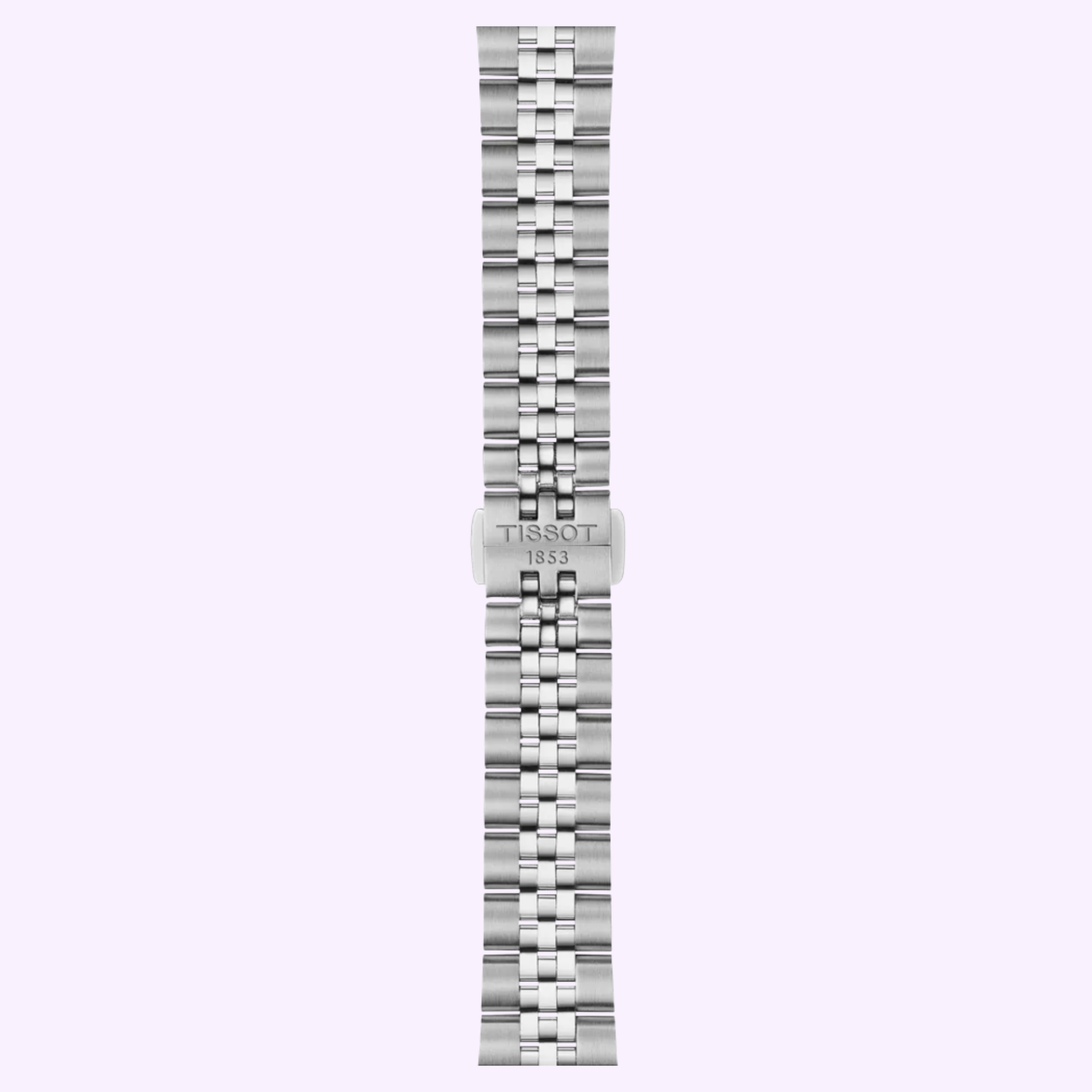 The Tissot Watches Ballade 34mm T1562101104100 features a stainless steel band with a central clasp engraved “TISSOT 1853,” polished and brushed links, and a scratch-resistant sapphire crystal, all set against a light purple background.