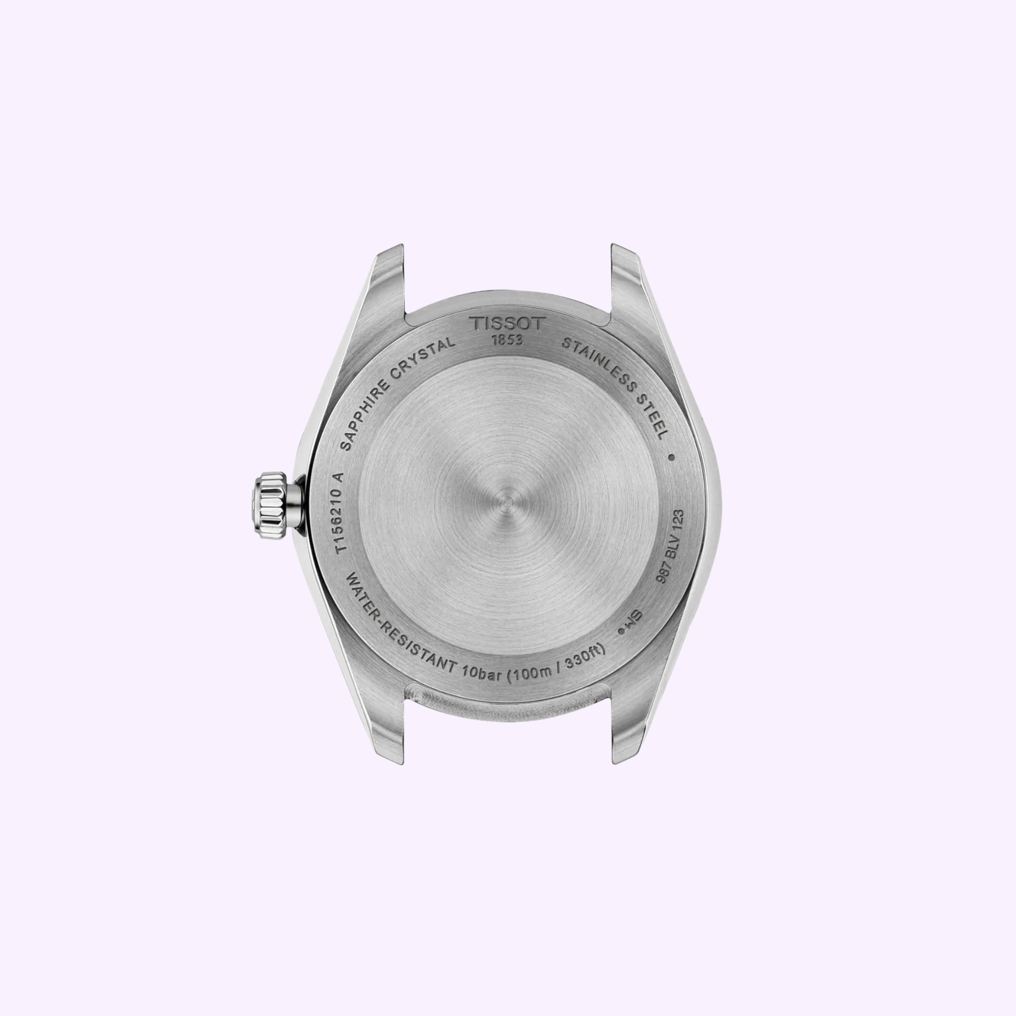 The stainless steel case back of the Tissot Watches Ballade 34mm T1562101104100 shows engraved details like water resistance, scratch-resistant sapphire crystal, and model info, displayed on a light purple background.