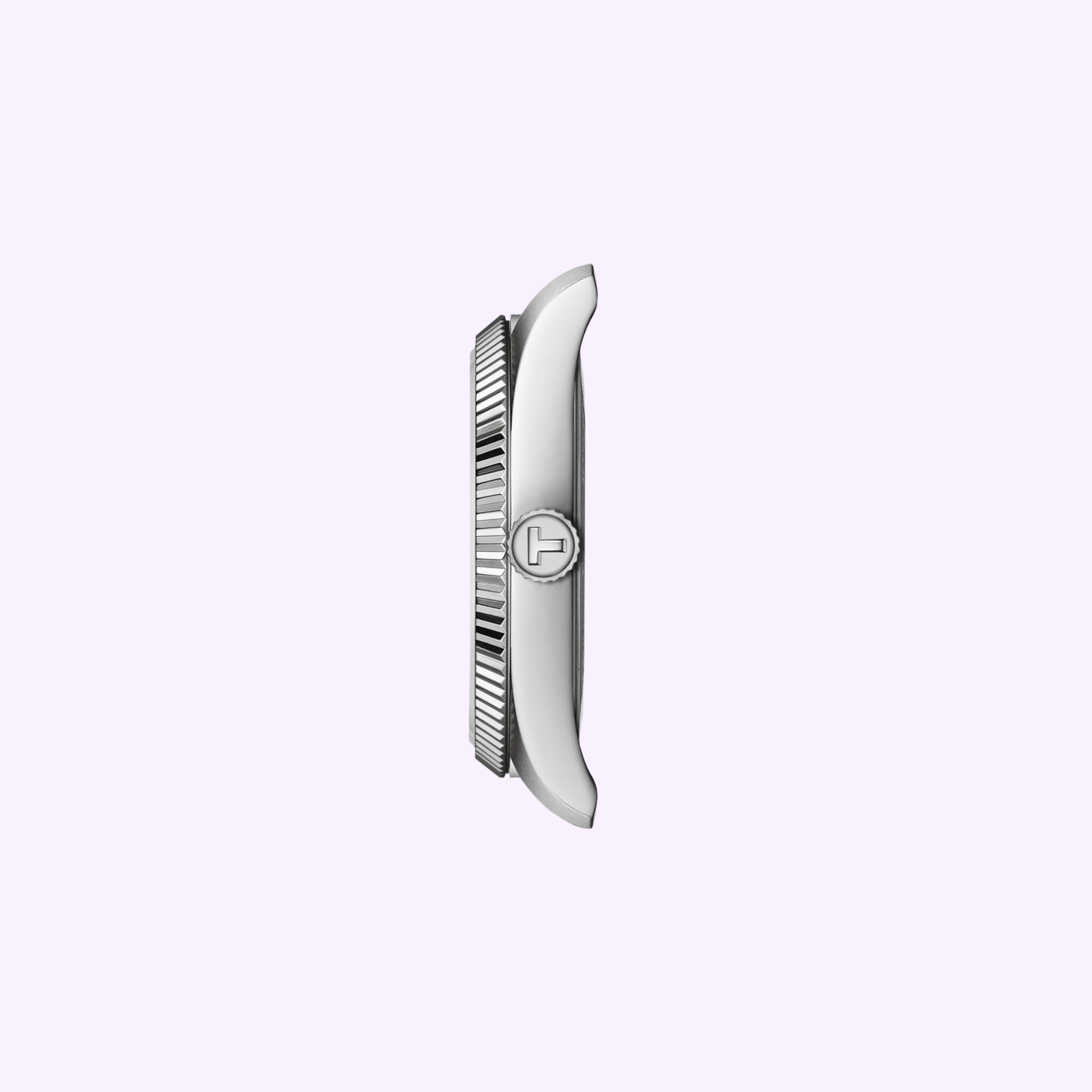 A Tissot Watches Ballade 34mm T1562101104100 in silver, viewed from the side to highlight its round crown, textured bezel, and scratch-resistant sapphire crystal, set against a light purple background.