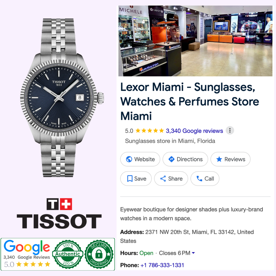Collage featuring the Tissot Watches Ballade 34mm T1562101104100 with scratch-resistant sapphire crystal, the Tissot logo, 5-star Google rating, certification badges, boutique interior photo, and Lexor Miami’s business and contact details.