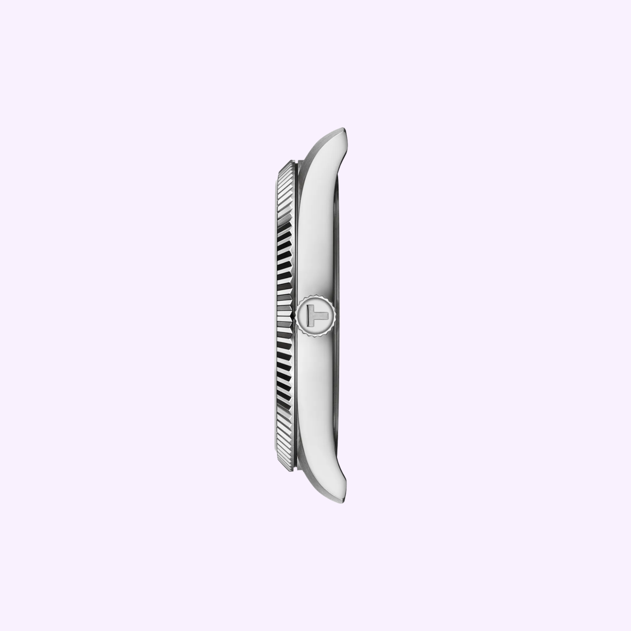 Side view of the Tissot Watches Ballade 40mm T1564101135100 case in silver, with a ridged bezel and round logo crown, showcasing Swiss Quartz movement against a light purple background.